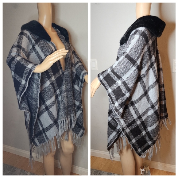 NWT Soft Surroundings Wool Alpaca Blend Black Grey Plaid Poncho Faux Fur Collar - Picture 2 of 16